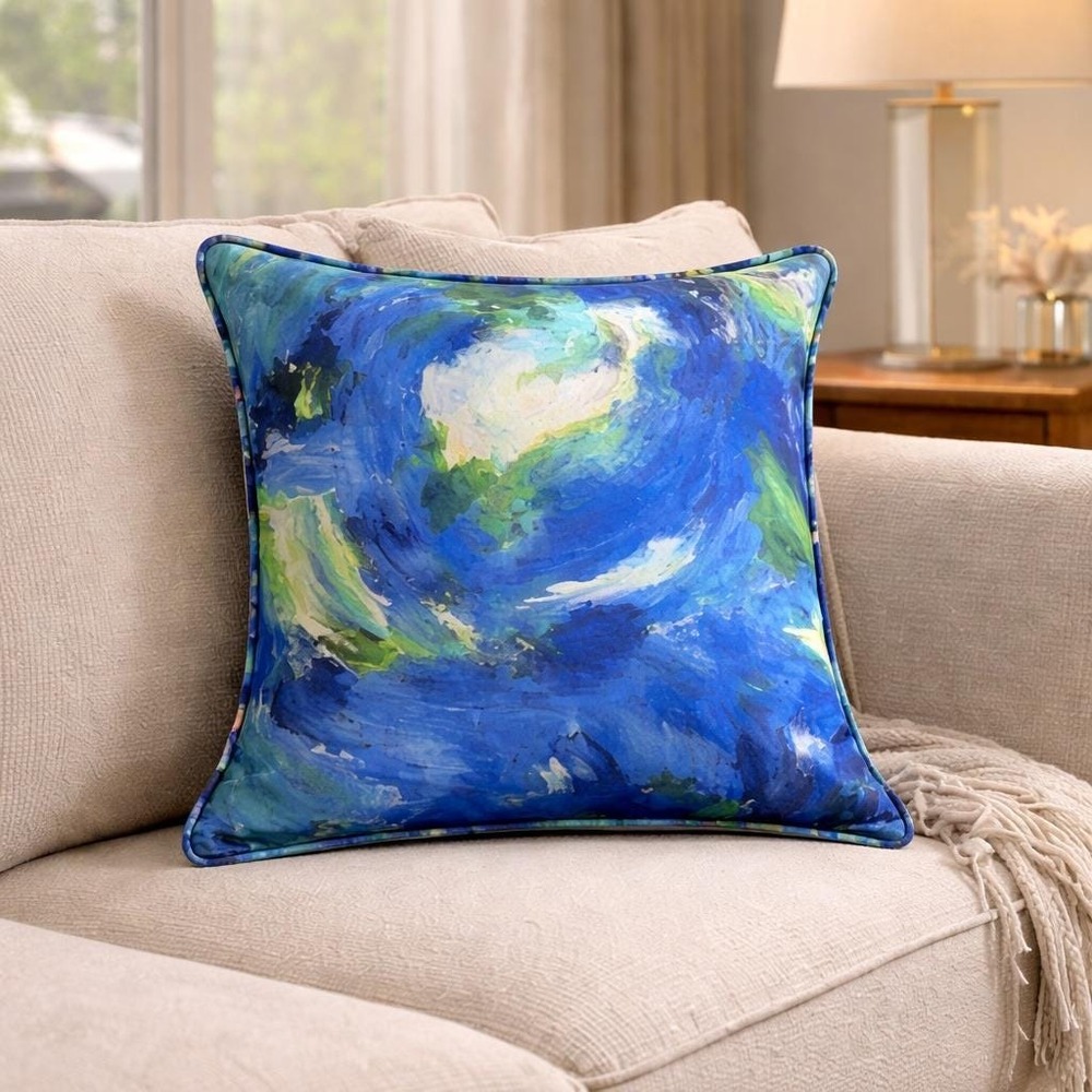 Abstract Impressionist Throw Pillow Blue Green White Artistic Painted Cushion